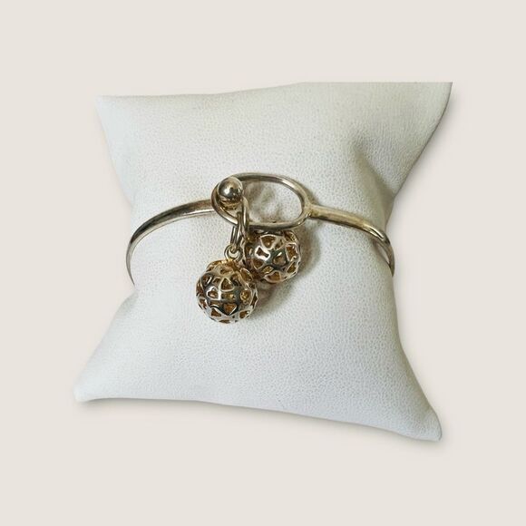 Silver .925 Bangle Bracelet stamped with 2 dangling ball charms - Picture 8 of 10